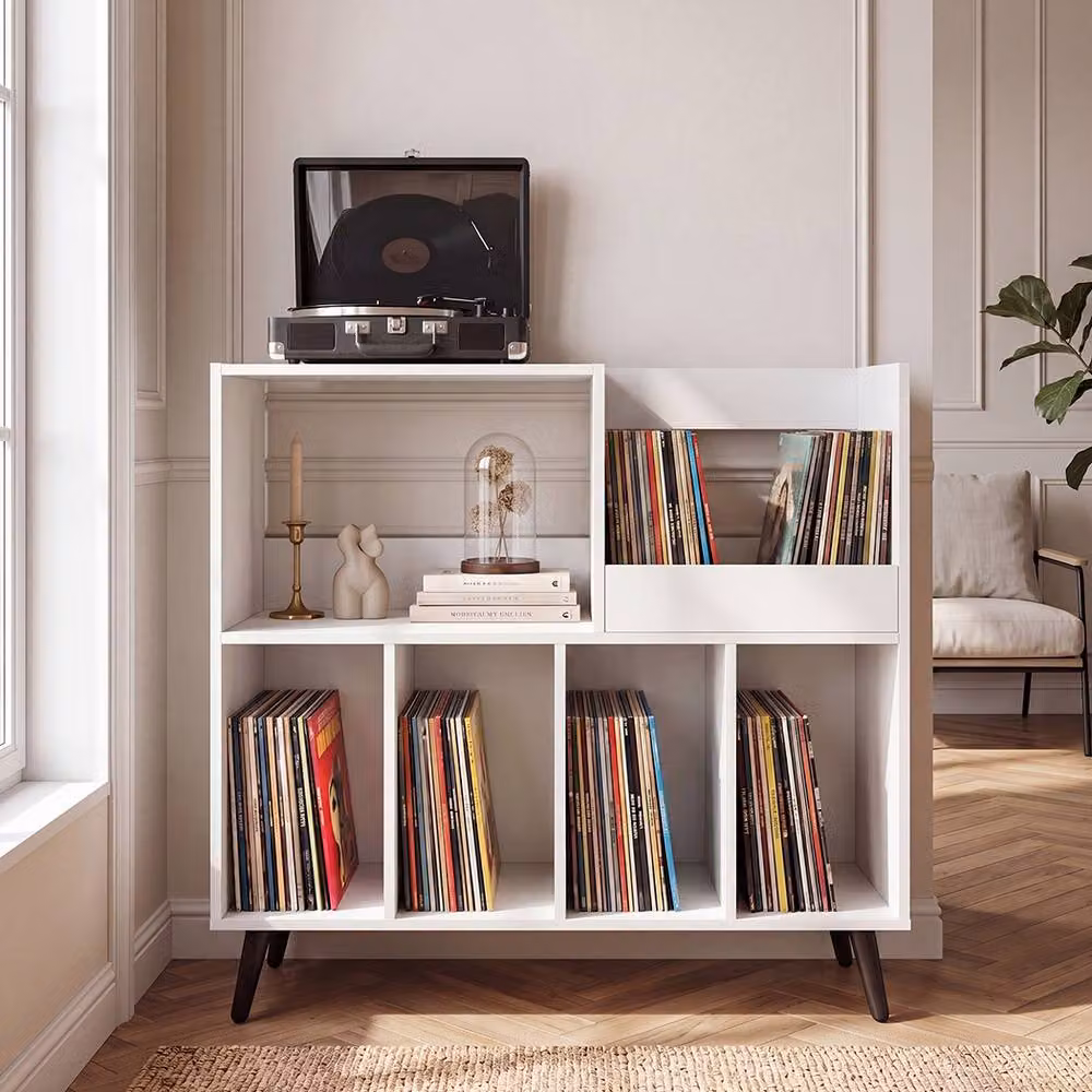 Levede White Record Player Stand and Album Storage Turntable Cabinet with Media Compartments – 3