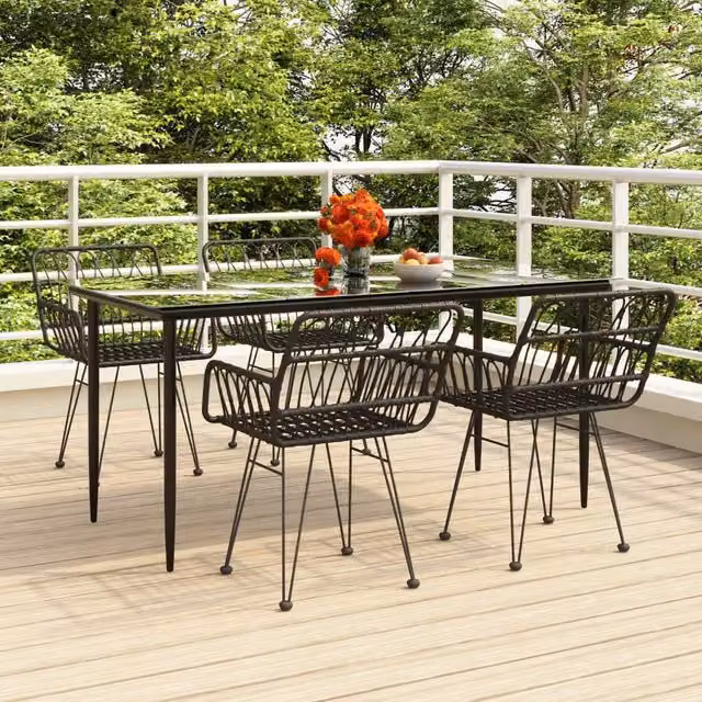 Berkfield Home 5 Piece Black Poly Rattan Garden Dining Set with Glass Top and Powder Coated Steel Frame