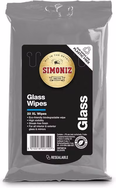 Simoniz Glass Mirror Car Cleaning Wipes XL Streak Free Cleaner, 20 Wipes, White and Grey