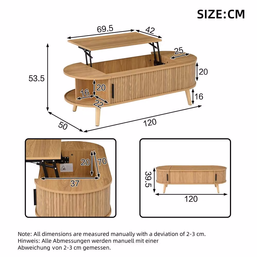 Merax Oval Lift Up Coffee Table with Hidden Storage and Slatted Sliding Doors in Brown, W/D/H: 120 x 50 x 39.5 cm – 2
