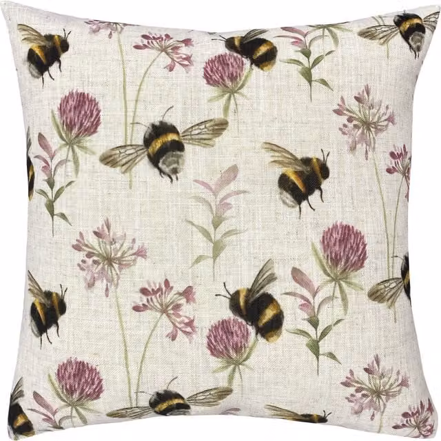 Country Bee Garden Floral Cushion in Multicolour and Purple Polyester Velvet