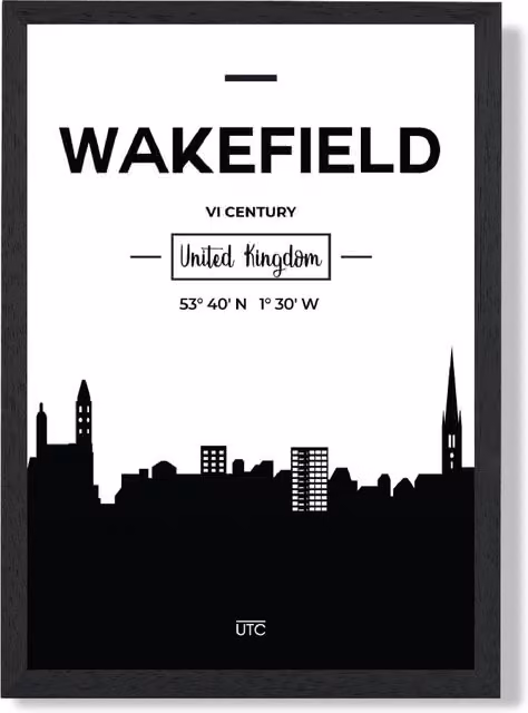 ARTZE Wakefield Black and White City Skyline Framed Print, A4, Black Frame