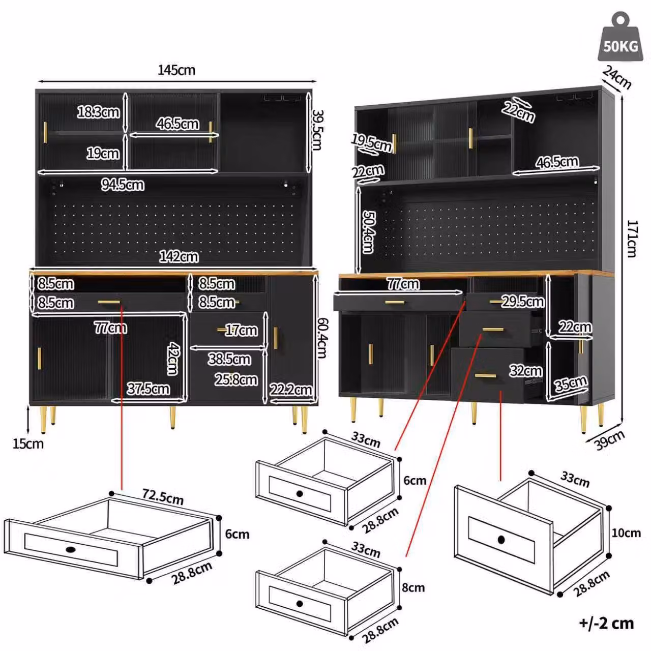Aosom UK Modern Black Highboard with App-Controlled LED Lighting and Sliding Glass Doors, W/D/H: 39 x 39 x 171 cm – 3