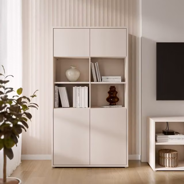 Furniture To Go Alice Springs Wide Storage Cabinet in Sand with 4 Push-Open Doors and 2 Central Shelves