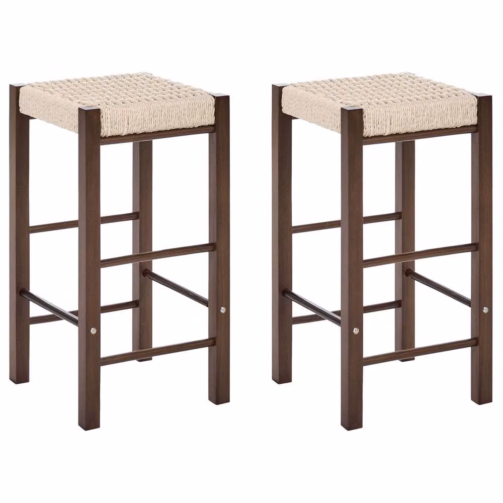 Wyld and Coco Boho Bar Stools Set of 2 in Dark Brown Rubberwood with Woven Paper Rope Seats – 2