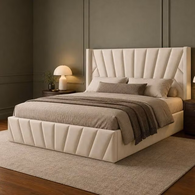 Desire Deco Novada Wingback Storage Bed in Beige Plush Velvet, Single, W/D/H: 90 x 200 x 137 cm