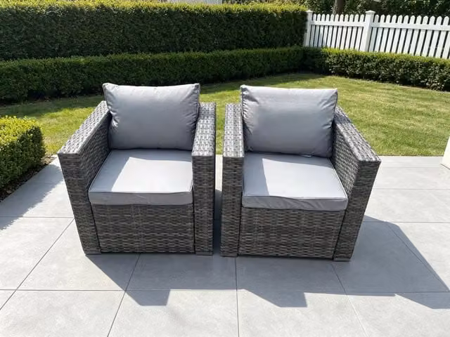 Fimous Set of 2 Modern Outdoor Rattan Armchairs with Fabric Cushions in Grey