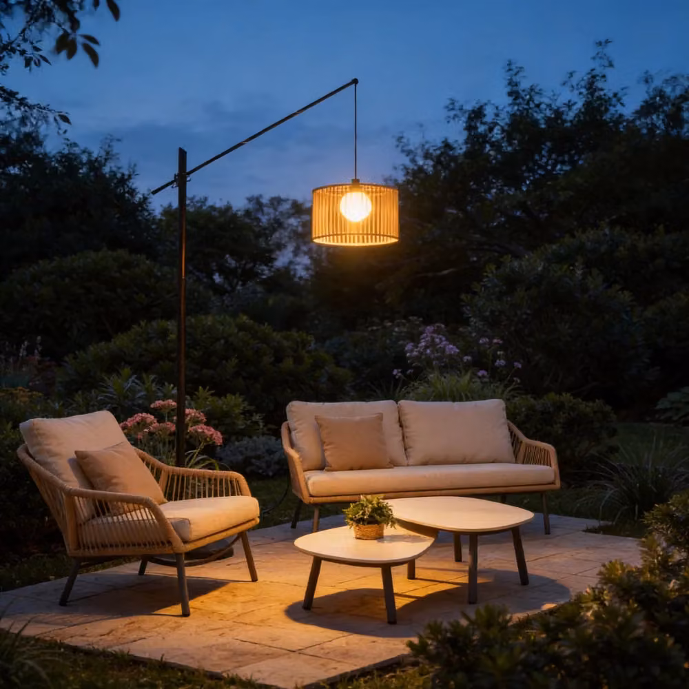 Noma Matera Rechargeable Rope Floor Lamp in Brown and Beige with Rattan and Metal Details