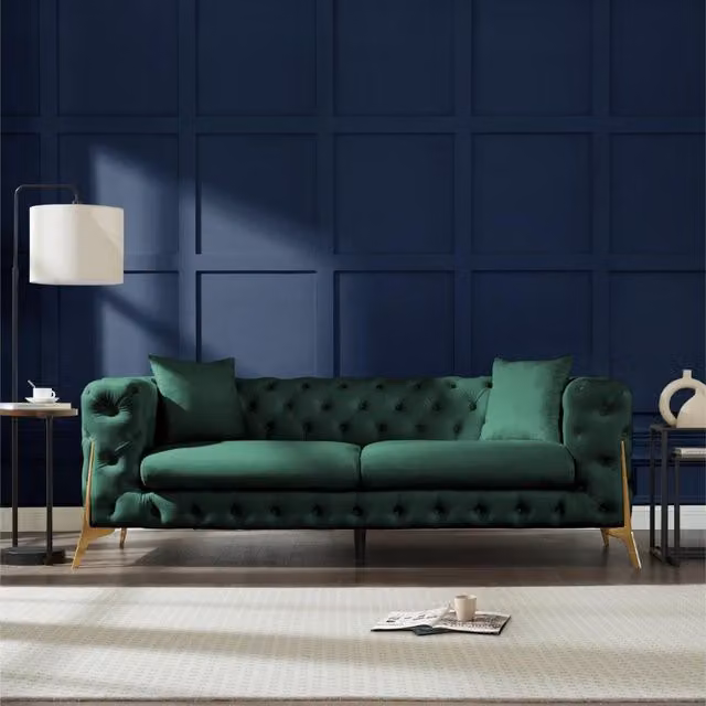 Panther Chesterfield 3 Seater Sofa in Green Velvet Fabric with Gold Accents