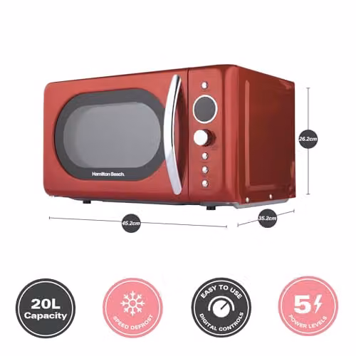 Hamilton Beach 20L Retro Red Solo Microwave with LED Display and Child Lock – 6