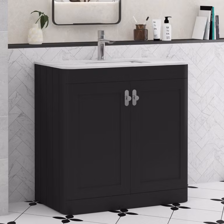 Royal Bathrooms Henley 800mm Matt Nocturne Black Floor Standing Vanity Unit with Carrara White Top and Chrome Knob