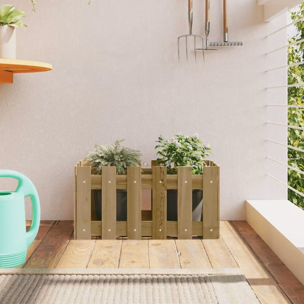 Berkfield Home Garden Planter with Fence Design in Brown, Impregnated Wood and Plastic, W: 60 cm, D: 30 cm, H: 30 cm – 2