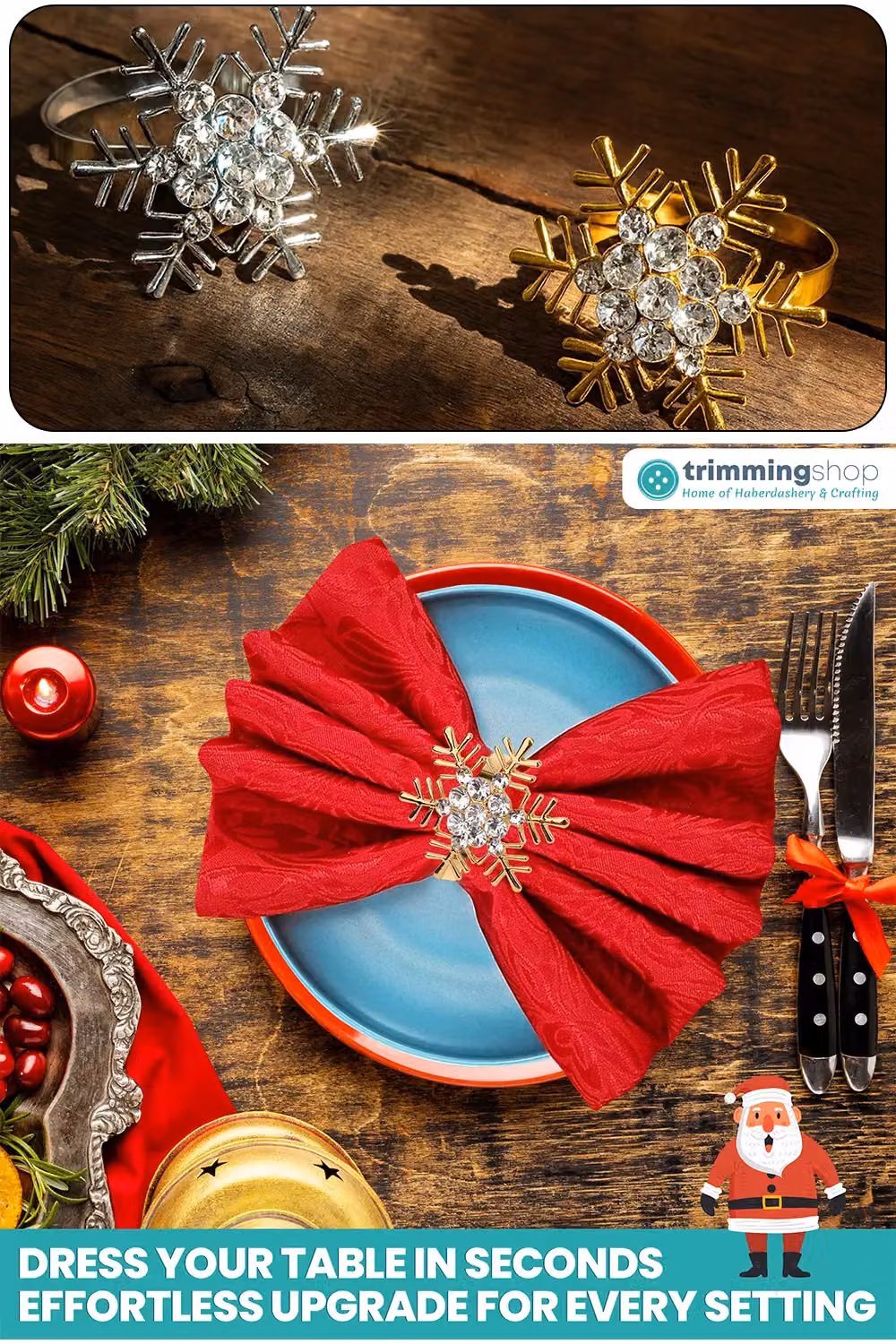 Neel Blue Silver Snowflake Napkin Rings with Gold Diamante Rhinestones – 3