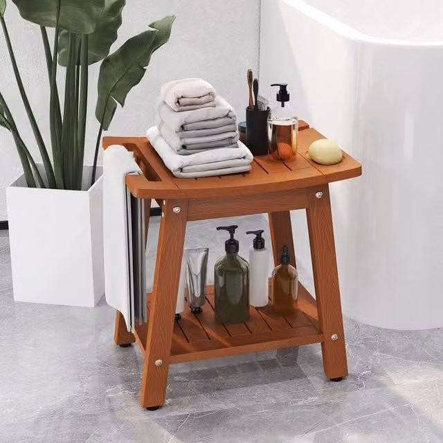 KORVIXA Brown Bamboo and Plastic Shower Bench Seat for Adults
