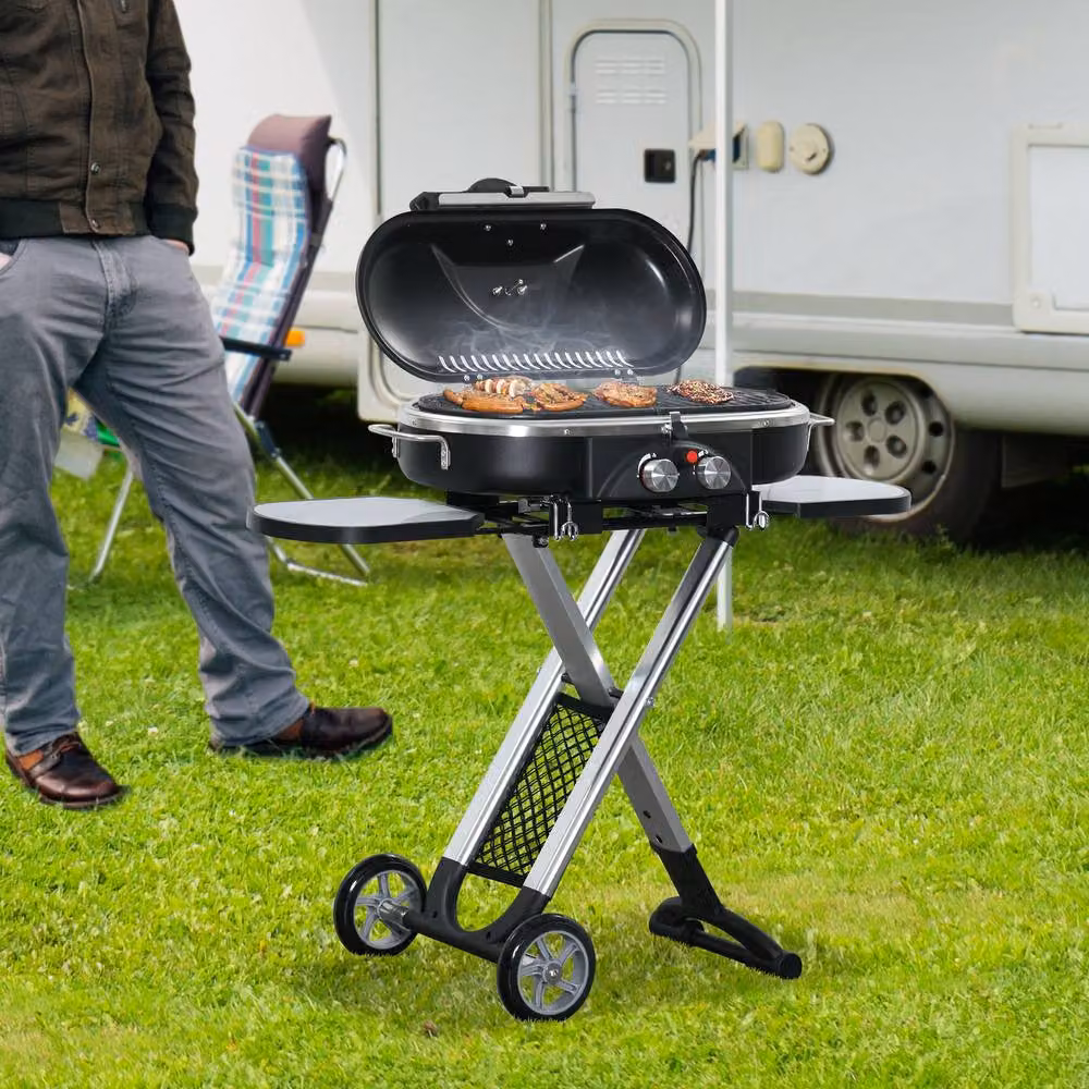 Rolipo Foldable 2 Burner Gas BBQ Grill with Lid, Thermometer and Wheels, Black – 3