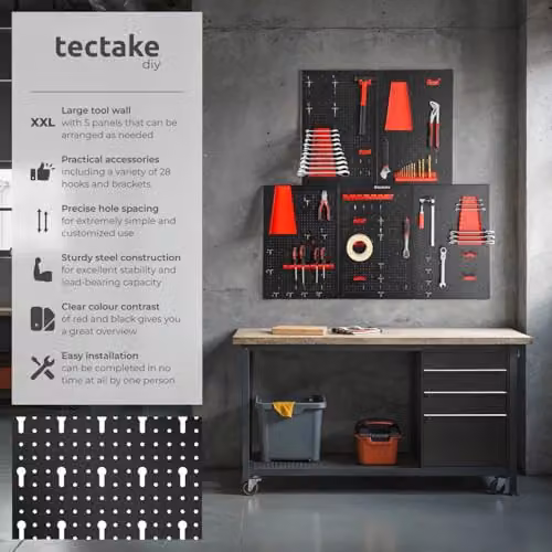 tectake 5-Panel Metal Pegboard Wall-Mounted Tool Organiser with Hooks and Holders in Black and Red – 2