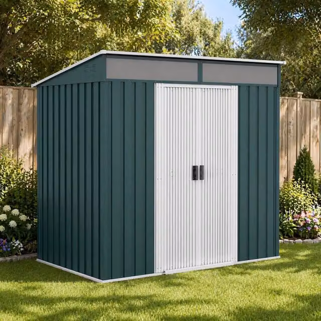 STILVORA Green Galvanised Steel Garden Shed with Double Sliding Doors W: 198 cm, D: 122 cm, H: 158.5 cm – 1