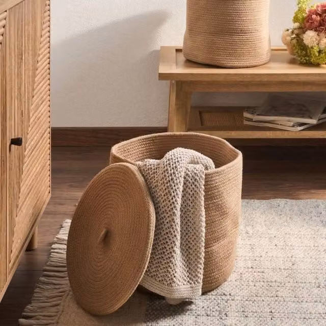 Wyld and Coco Boho Beige Cotton Laundry Basket Set of 2 with Lids – 1