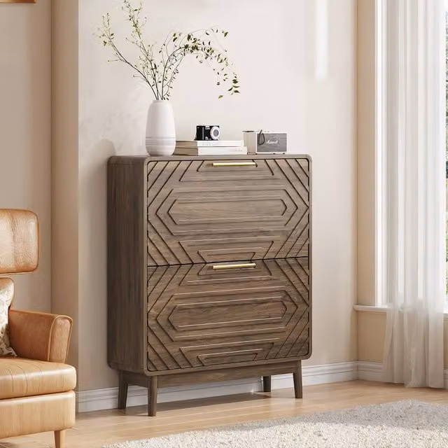 Merax Mid-Century Walnut Shoe Cabinet in Brown with Tilting Compartments and Internal Shelves, W: 80 cm, H: 95 cm, D: 24 cm
