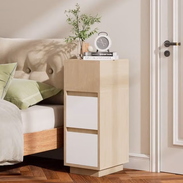 Livingandhome Minimalist White and Light Wood Bedside Table
