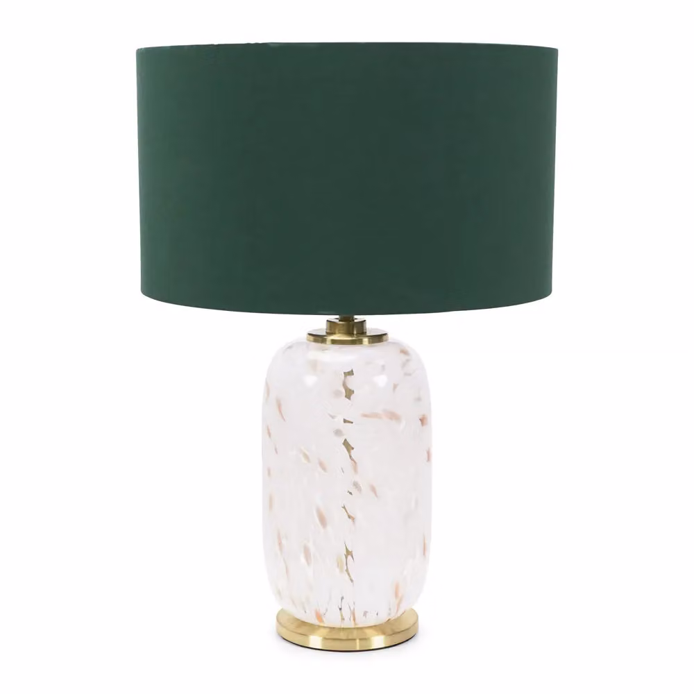 ValueLights White Confetti Glass Table Lamp with Gold Metal Base and Green Fabric Drum Shade, Includes LED Bulb – 2