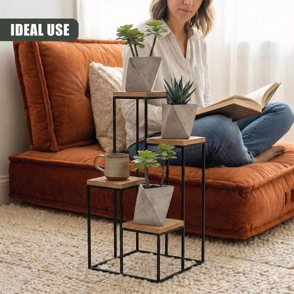 EONLION 4 Tier Industrial Plant Stand in Brown Metal and Wood – 3
