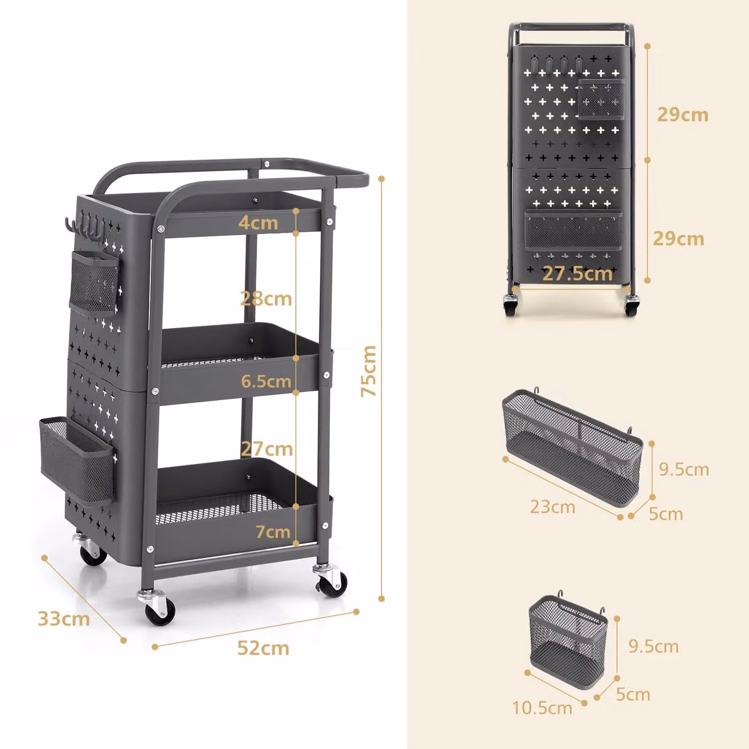 Costway 3-Tier Rolling Metal Kitchen Storage Trolley in Grey – 2