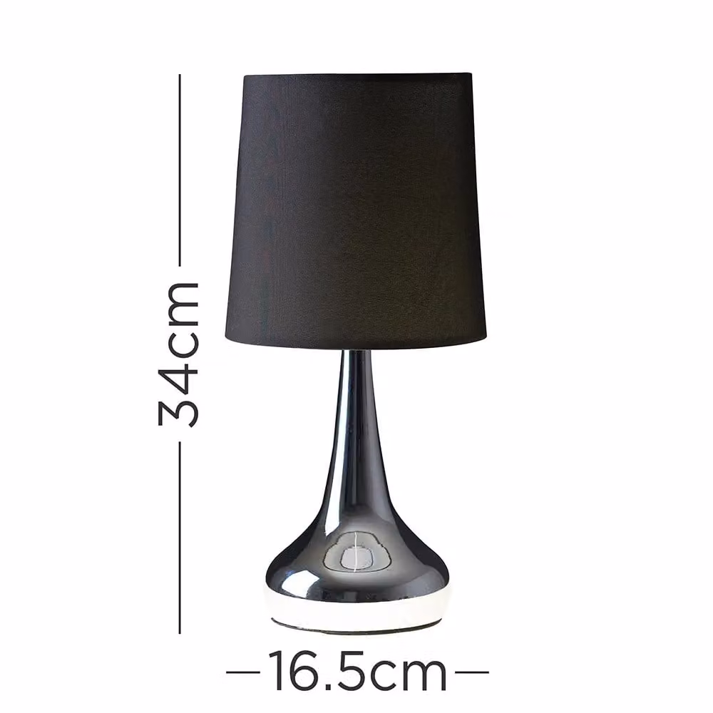ValueLights Teardrop Pair Compact Black Fabric Table Lamps with Brushed Chrome Touch Control – 6