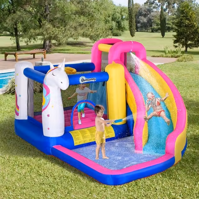 Outsunny Unicorn Castle Inflatable Slide with Basketball Hoop and Blower, Blue and Multicolour