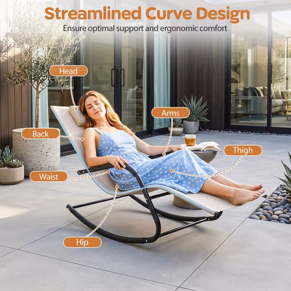 Costway Beige Patio Rocking Lounge Chair with Adjustable Headrest and Armrests – 5