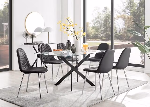 FurnitureboxUK Leonardo Black Leg Glass Dining Table with 6 Corona Silver Chairs