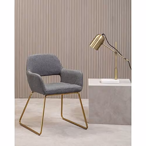 Premier Housewares Set of 4 Modern Grey Fabric Dining Chairs with Gold Cantilever Base and Armrests W56 x D59 x H79 cm – 2