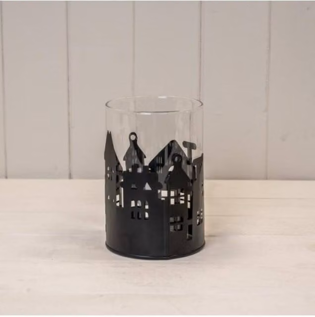 KDMD Black Metal House Scene Tealight Candle Holder with Glass Insert