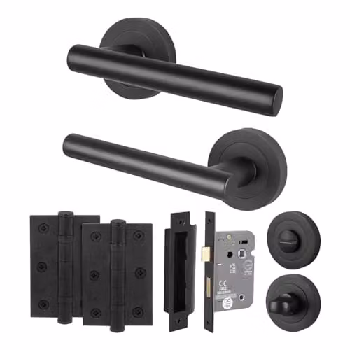EAI Olbia Matt Black Bathroom Handle Kit with 80mm Lock and 76mm Hinges