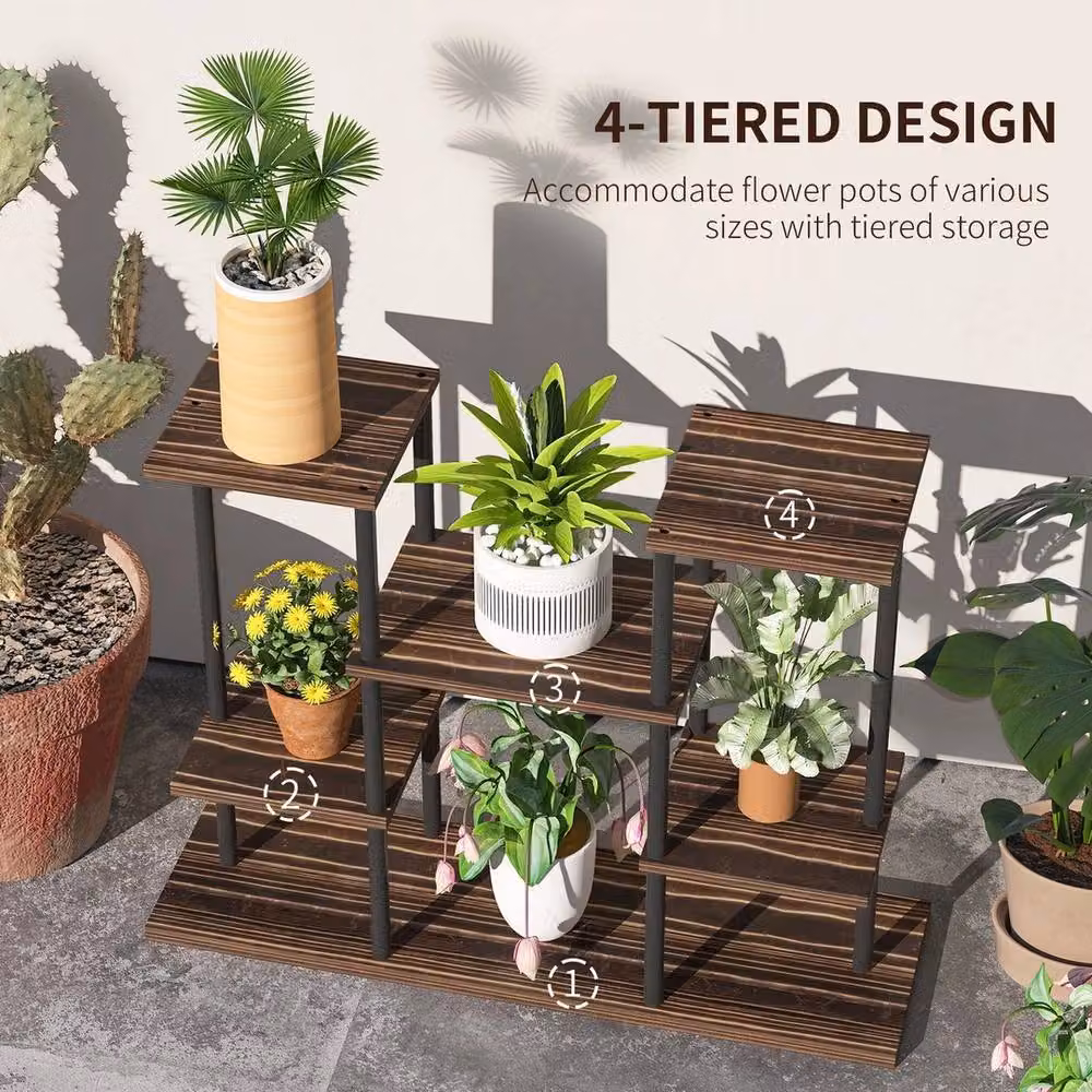 FORGEVIO 4 Tiered Outdoor Wood Plant Stand and Flower Pot Holder in Brown and Multicolour – 3