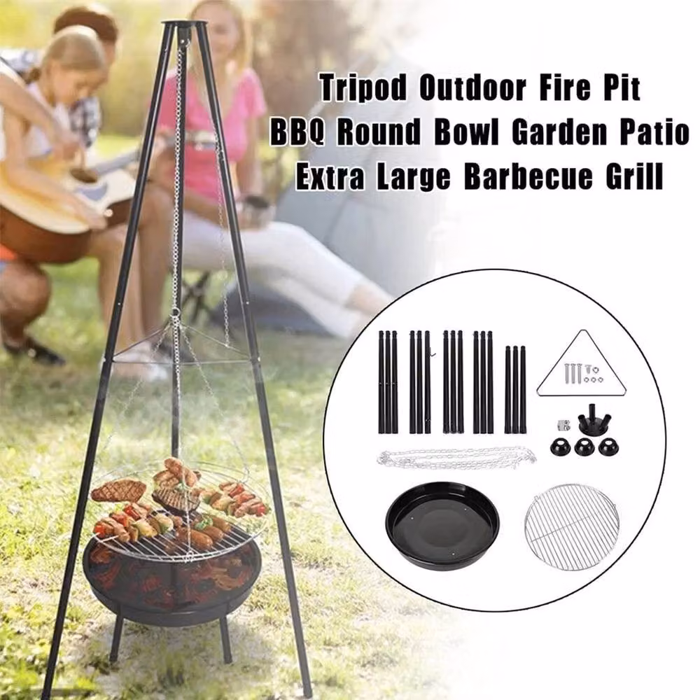 Havendro Adjustable Tripod Fire Pit and Round BBQ Grill in Black with Chrome Charcoal Bowl, H 150 cm x W 75 cm x D 50 cm – 4