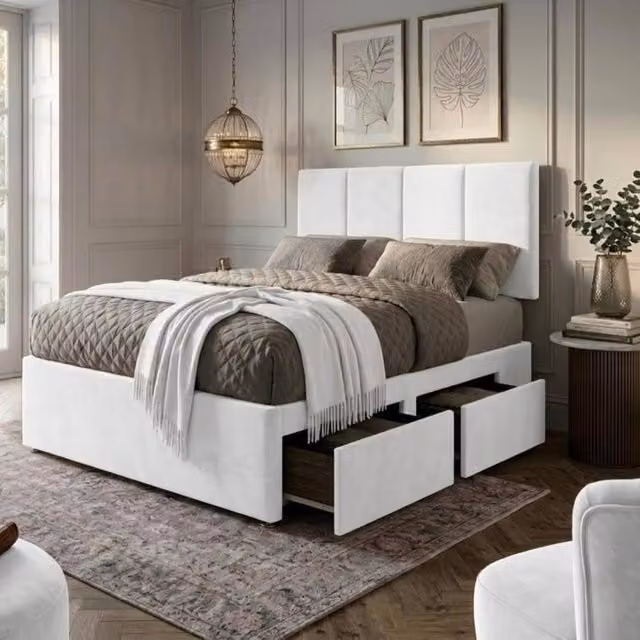 Bed Time UK Plush Velvet Super King Divan Bed with Mattress, 20 Inch Vertical Headboard and 2 Drawers in White, W/D/H: 200 x 200 cm