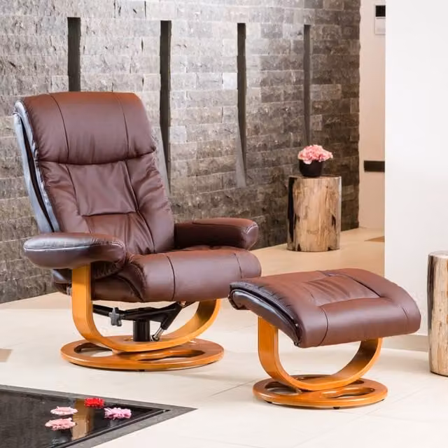 Artemis Home Barriston Swivel Recliner and Footstool in Burgundy Synthetic Leather with Solid Wood Frame
