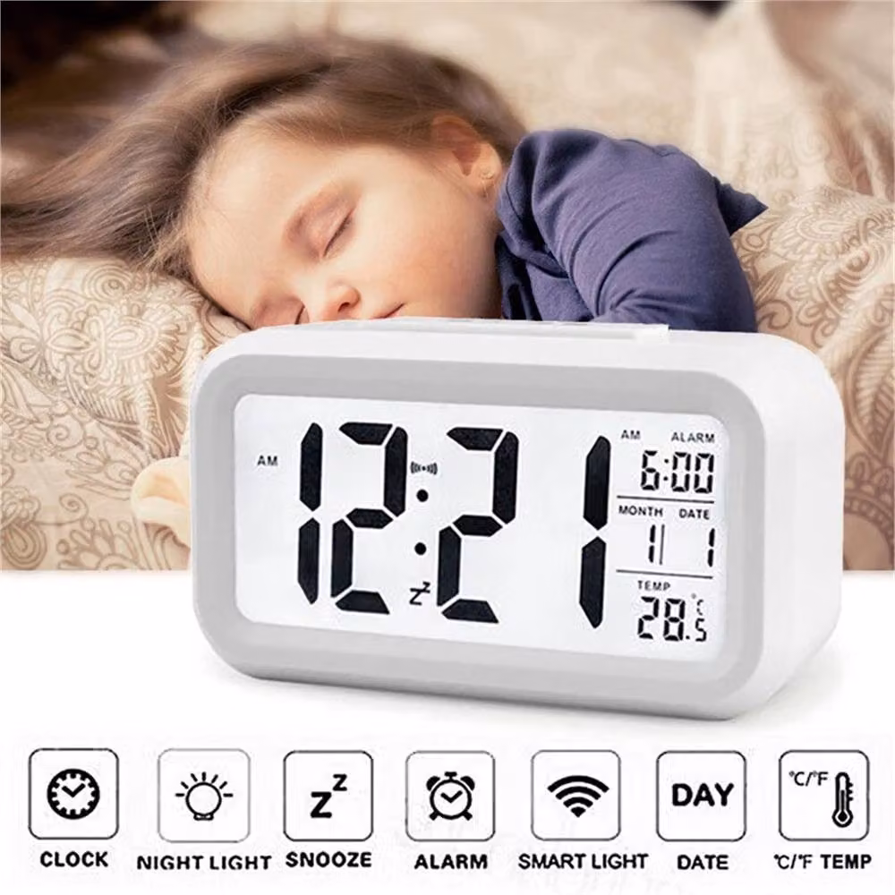 VOGREX LED Digital Alarm Clock with Snooze, Temperature and Day/Night Display in White – 5