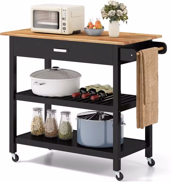 Costway 3-Tier Rolling Kitchen Island Utility Cart with Wood Countertop in Black – 1
