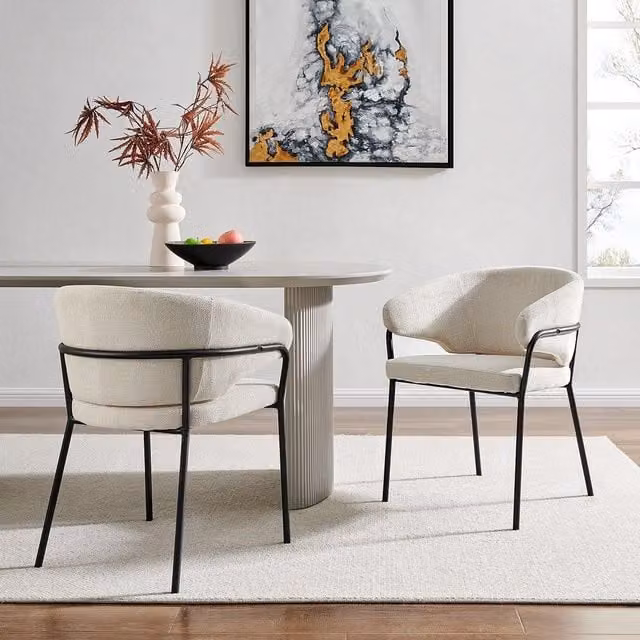 Modish Furnishing Capri Set of 2 Cream Linen Dining Chairs with Black Metal Frame