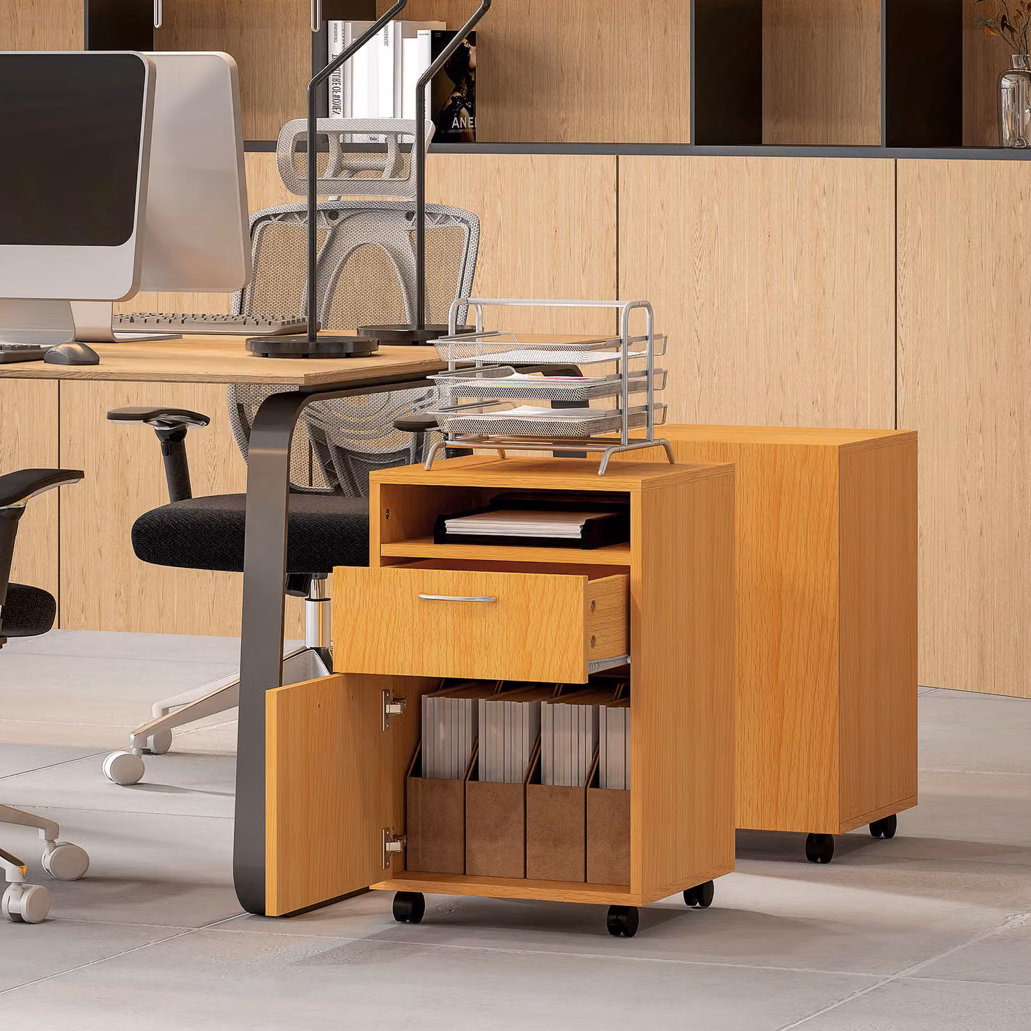 HOMCOM Mobile Filing Cabinet and Office Organiser with Drawer, Open Shelf and 4 Wheels, Natural Wood Finish, Width: 60 cm – 6