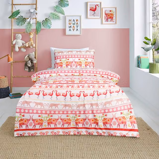 Smart Living Wholesale Ltd. Reversible Flamingo Graphic Duvet Cover and Pillowcase Set for Children in Pink and White Multicolour