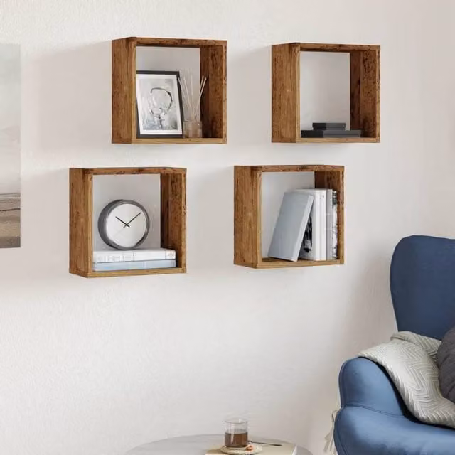 Berkfield Home Set of 4 Wall Mounted Cube Shelves in Old Wood Brown, W/D/H: 30 x 15 x 30 cm