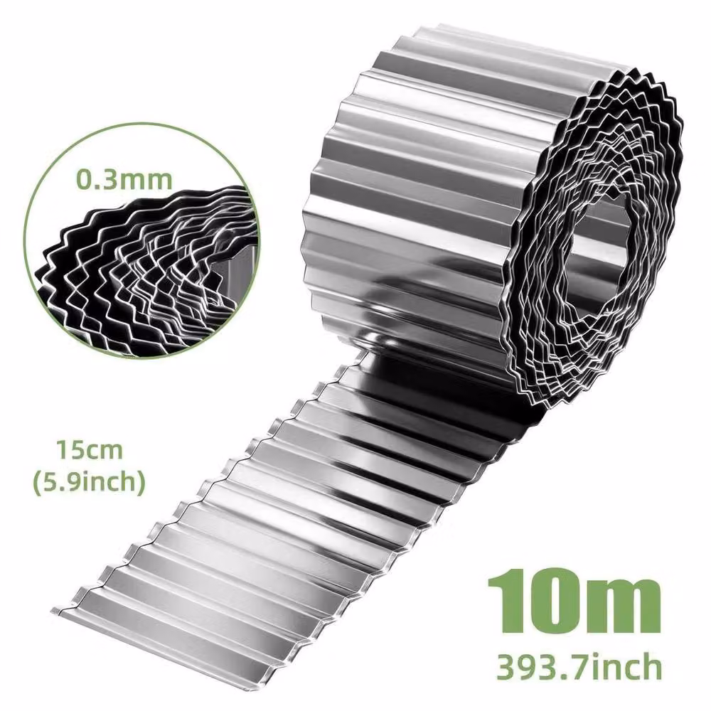 KORVIXA Galvanised Steel Flexible Lawn Edging Plant Border, Silver, H: 15 cm x L: 10 m – 2