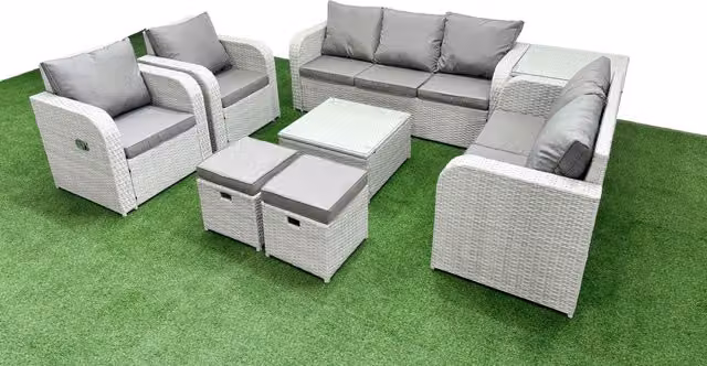 Fimous Grey PE Rattan Garden Furniture Set with 3 Seater Sofa, Coffee Table, 2 Stools and Matching Ottoman