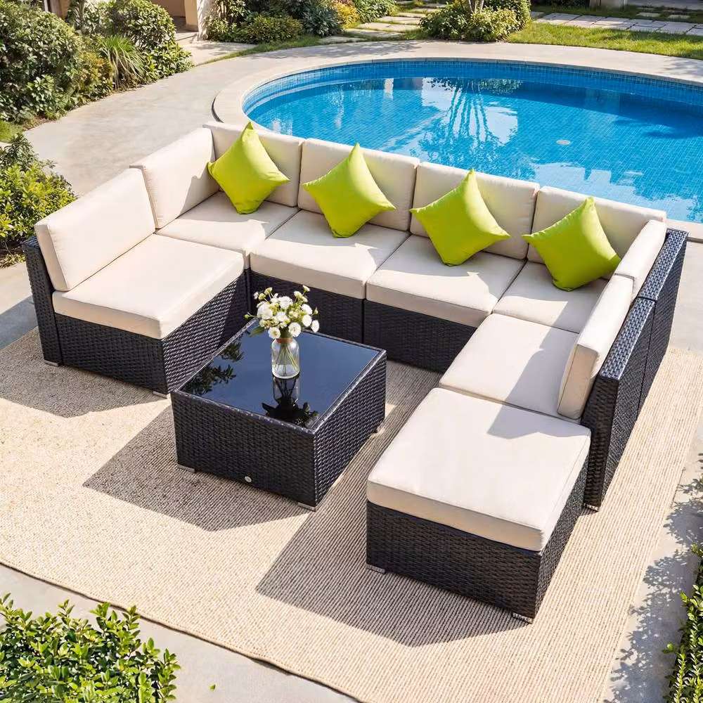 Outsunny 8 Piece L-Shape Rattan Garden Furniture Set with Cushions and Ottoman in Black – 10