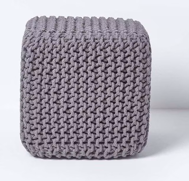 Homescapes Cube Cotton Knitted Pouffe Footstool in Grey – 1
