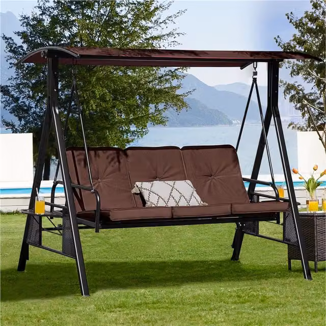 Yaheetech 3-Seat Outdoor Patio Swing Chair with Sun Canopy and Cushions, Brown