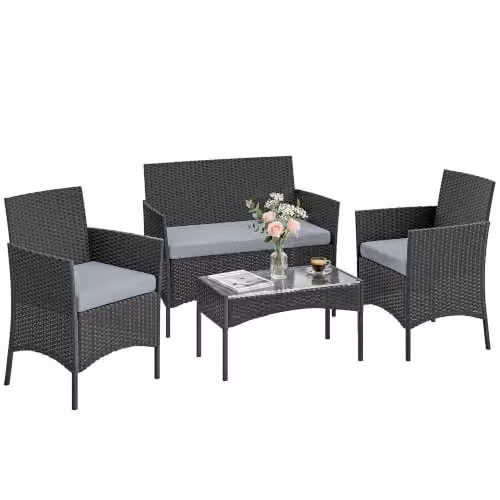 Outsunny 4 Seater Grey Rattan Garden Furniture Set with Metal Frame and Glass Table